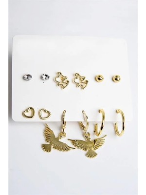 Euromoda Kuş Kalp ve Köpek Figürlü Gold Renkli Halka Tektaş ve Top Küpeli 6lı Unisex Küpe Seti