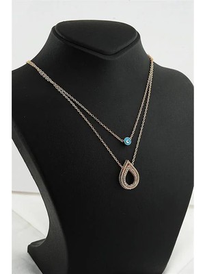 Euromoda Damla Tasarımlı Nazar Figürlü Zirkon Taşlı Gold Renkli 2li Kolye