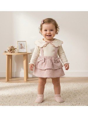Bebeva Baby Kız Bebek Pudra Pembe Jakarlı Askılı Etek ve Bebe Yaka Uzun Kollu Body 2'li Kombin Elbise Takım
