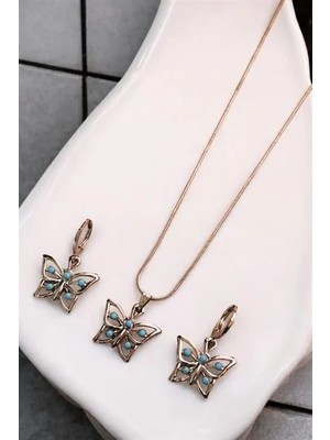 Euromoda Gümüş Renkli Kelebek Tasarımlı Kolye Küpe Takı Seti