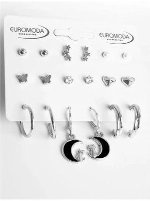 Euromoda Ay Kedi Kelebek Sıralı Yıldız ve Kalp Tasarımlı Inci Zirkon Halka ve Top Küpeli 9lu Küpe Seti