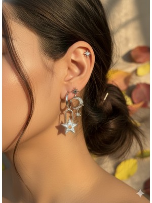 IRONMOON Gümüş Renk Yıldız Tasarımlı Klipsli ve Silikon Çivili 3'lü Çelik Küpe