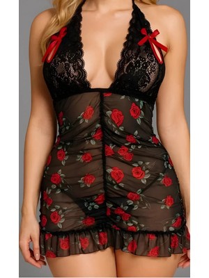 Marsilyan Luna Lora Siyah Dantel Işlemeli Gül Desenli Mini Fantezi Gecelik Kadın Gecelik