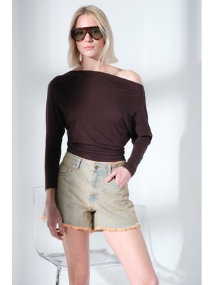 Maule Soft Touch Premium Yarasa Uzun Kollu Tek Omuz Kayık Yaka Örme  Kadın Tişört Bluz @marche
