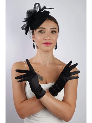 Hayalperest Boncuk Siyah Saten Tül Uzun Gelin Eldiveni Düğün Nikah Aksesuarı Fascina Şapka Seti