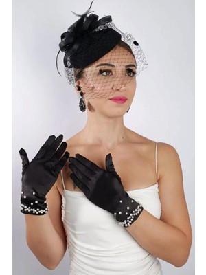 Hayalperest Boncuk Kısa Saten Gelin Eldiveni Düğün Nikah Aksesuarı Fascinator Şapka Seti