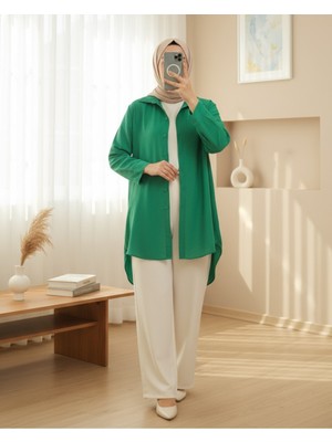 Modamorfo Arkası Uzun Düğmeli Poplin Gömlek -Yeşil