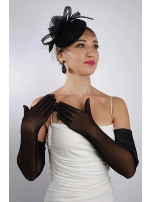 Hayalperest Boncuk Siyah Yarı Saten Tül Gelin Eldiveni ve Düğün Nikah Fascinator Şapka Seti
