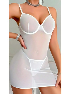 Marsilyan Luna Lora Beyaz Tül Gecelik Arkası Ip Detaylı Zarif Fantezi Kadın Gecelik