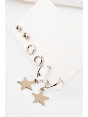 Euromoda Yıldızlı Halkalı ve Top Küpeli Vidalı Metal Küpe Seti