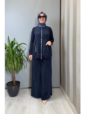 Miss Dalida Fermuarlı Cupro Detaylı Triko Ceket Lacivert T26Y-8203