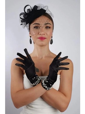 Hayalperest Boncuk Siyah Kısa Incili Gelin Eldiveni Düğün Nikah Aksesuarı Fascinator Şapka Seti