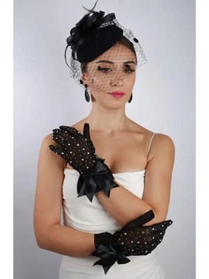 Hayalperest Boncuk Siyah Tül Taşlı Abiye Eldiven ve Tüylü Fascinator Şapka Seti