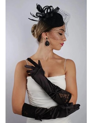 Hayalperest Boncuk Siyah Saten Kısa Gelin Eldiveni Düğün Nikah Aksesuarı Fascinator Şapka Se