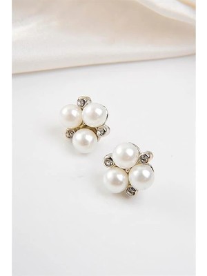 Euromoda Incili ve Zirkon Taşlı Gümüş Kaplamalı Vidalı Küpe