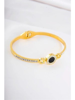 Euromoda Yuvarlak Siyah Renk Tasarımlı Zirkonium Taşlı Çelik Bileklik