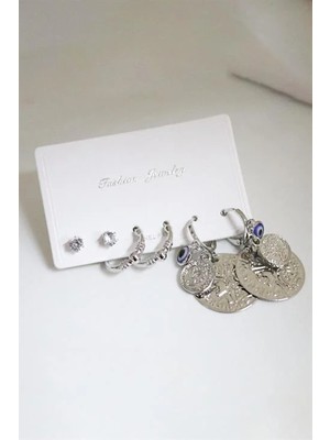 Euromoda Özel Tasarımlı Halka ve Zirkon Tektaş Küpeli 3lü Küpe Seti