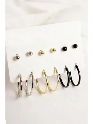 Euromoda Siyah Gold ve Gümüş Renkleri Halka ve Top Küpeli 6lıunisex Küpe Seti