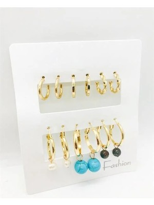 Euromoda Yuvarlak Tasarımlı Inci ve Boncuk Küpeli ve Halka Küpeli 12 Li Küpe Seti