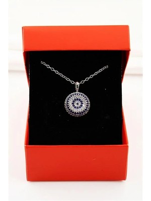 Euromoda Kutulu Nazar Tasarımlı Mavi Zirkon Taşlı Kolye