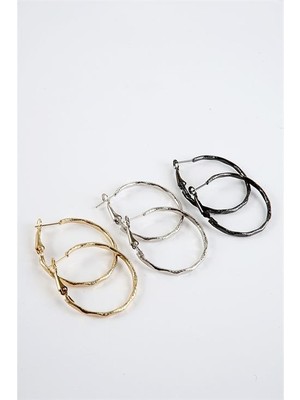 Euromoda Gold Gümüş ve Siyah Renkleri 3'lü Halka Küpe Seti