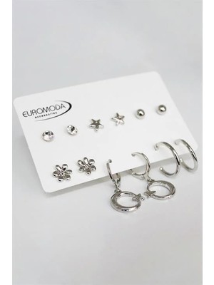 Euromoda Ay Yıldız Tasarımlı Çiçekli Tektaş ve Top Küpeli 6lı Küpe Seti