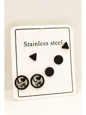 Euromoda Paslanmaz Kararmaz Çelik Love Yazılı Daire ve Üçgen Küpeli 3lü Çelik Küpe Seti