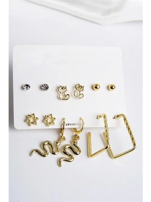 Euromoda Yılan Kedi ve Yıldız Figürlü Gold Renkli Halka Tektaş ve Top Küpeli 6lı Unisex Küpe Seti