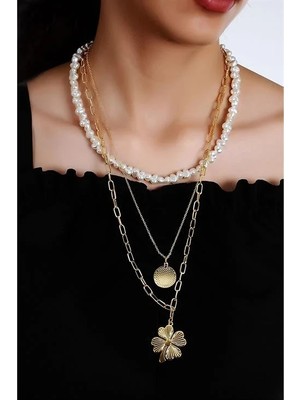 Euromoda Yonca Tasarımlı Cam Incili Yüksek Kaliteli 3lü Zincirli Kolye