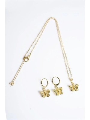 Euromoda Kelebek Tasarımlı Gümüş Renkli Kolye Küpe Seti