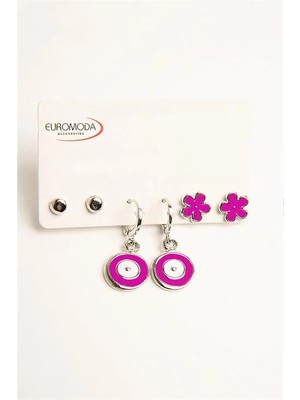 Euromoda Nazar ve Çiçek Tasarımlı Top Küpeli 3lü Küpe Seti