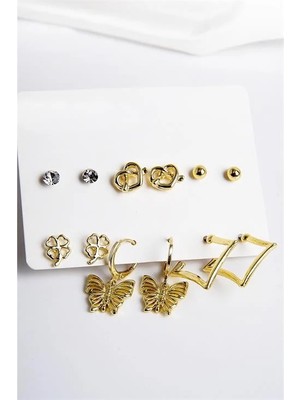 Euromoda Kelebek Kalp ve Yonca Figürlü Gold Renkli Halka Tektaş ve Top Küpeli 6lı Unisex Küpe Seti