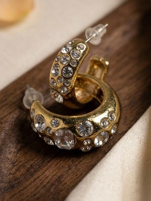 Meneva Aksesuar Kristal Taş Detaylı Işıltılı Altın Gold Renk Kaplama Halka Küpe