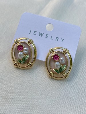 IRONMOON Altın ve Pembe Renk Çiçek Tablo Tasarım Kadın Küpe