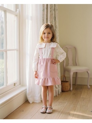 VİTASTORETR Tüvit Desen Pembe Askılı Elbise Gömlek Kız Çocuk Ikili Takım