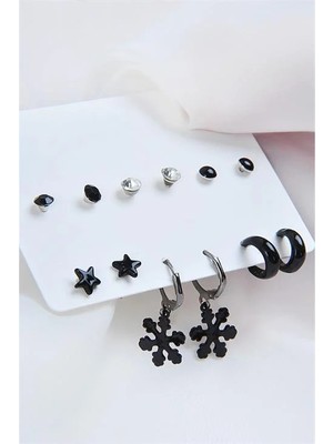 Euromoda Kar Tanesi Yıldızlar ve Halka Küpeli Tektaşlı ve Siyah Top Küpeli 12LI Küpe Seti