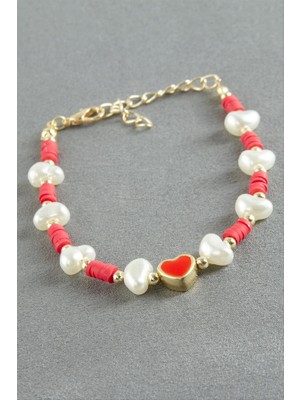 Zero Land Drnds Kalp Kristal Inci Bileklik - Kırmızı