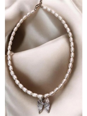 Euromoda Desenli Incili Melek Tasarımlı Gümüş Kaplamalı Inci Kolye