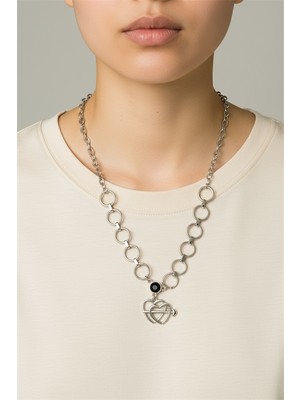 Euromoda Özel Tasarımlı Gümüş Kaplamalı Iç Içe Kalp Tasarımlı Zincir Kolye