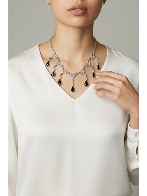 Euromoda Özel Tasarımlı Siyah Damla Taş Figürlü Gümüş Kaplama Gerdanlık Kolye