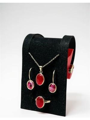 Euromoda 925 Ayar Özel Tasarımlı Kırmızı Oval Taşlı Gümüş Takım