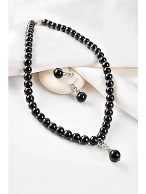 Euromoda Özel Tasarımlı Siyah Inci ve Zirkon Taşlı Kolye Küpe Takı Set