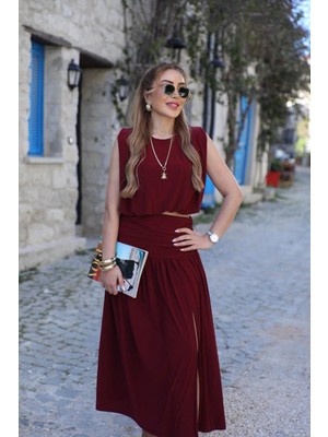 Qimya Butik Buketli Kadın Kolsuz Salaş Kısa Balon Bluz ve Baseni Drapeli Lastikli Yırtmaçlı Uzun Etekli Alt Üst Ikili Takım
