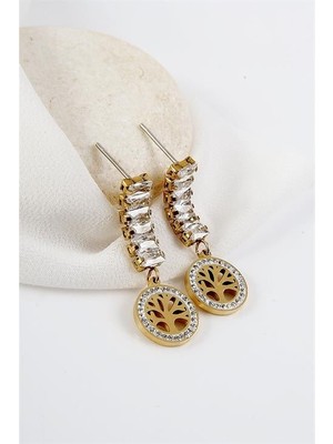 Euromoda Yaşam Ağacı Tasarımlı Zirkon Taşlı Gold ve Gümüş Kaplamalı Çelik Sallantılı Küpe