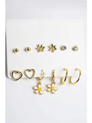 Euromoda Kalp ve Papatya Tasarımlı Halka Küpeli 12LI Küpe Seti