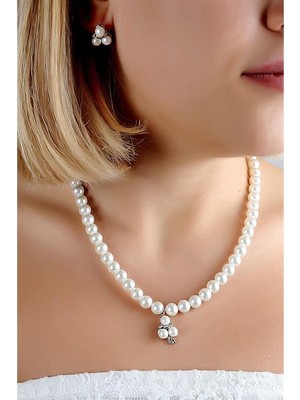 Euromoda Özel Tasarımlı Inci ve Zirkon Taşlı Kolye Küpe Takı Set