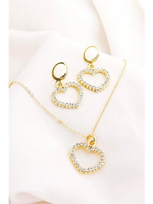 Euromoda Kalp Tasarımlı Zirkon Taşlı Kolye Küpe Seti