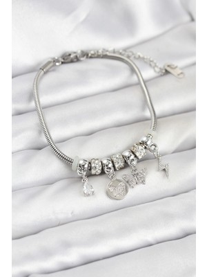 Bazarhane Pirinç Gümüş Renk Kelebek Charmlı Kadın Bileklik