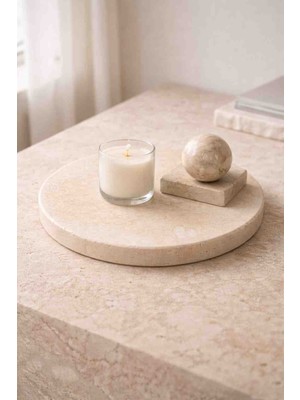 Marbello 25 cm Yuvarlak Traverten Sunumluk Dekoratif Tepsi 2 cm Kalınlık