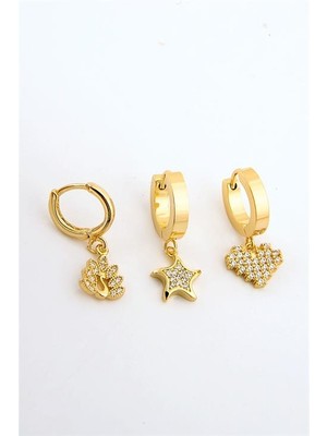 Euromoda Çelik Kalp Yıldız ve Kuğu Tasarımlı Zirkon Taşlı 3 Adet Çelik Küpe Set